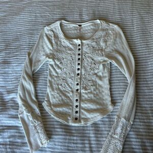 White Long Sleeve Lace Button-Up Top